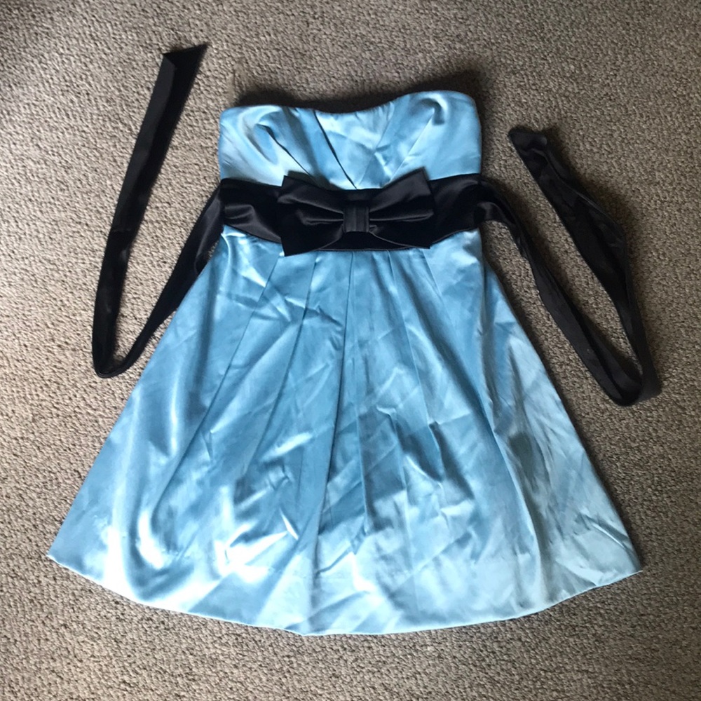 Blue silk dress with black bow
